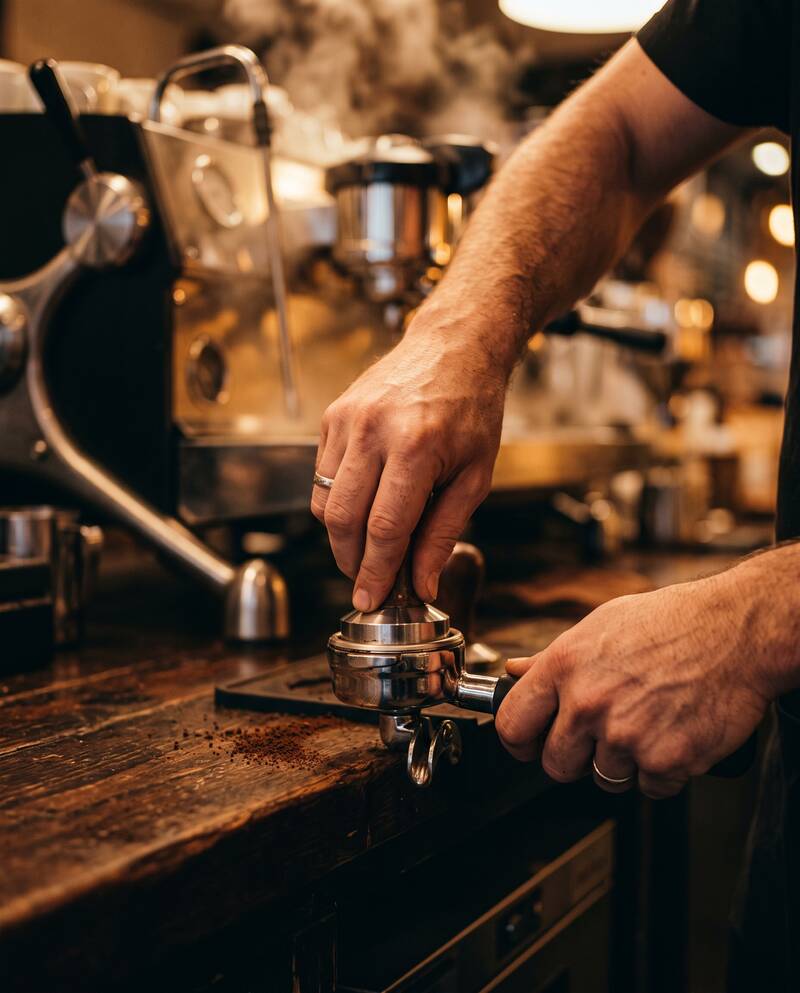 Barista przy ekspresie kolbowym w kawiarni