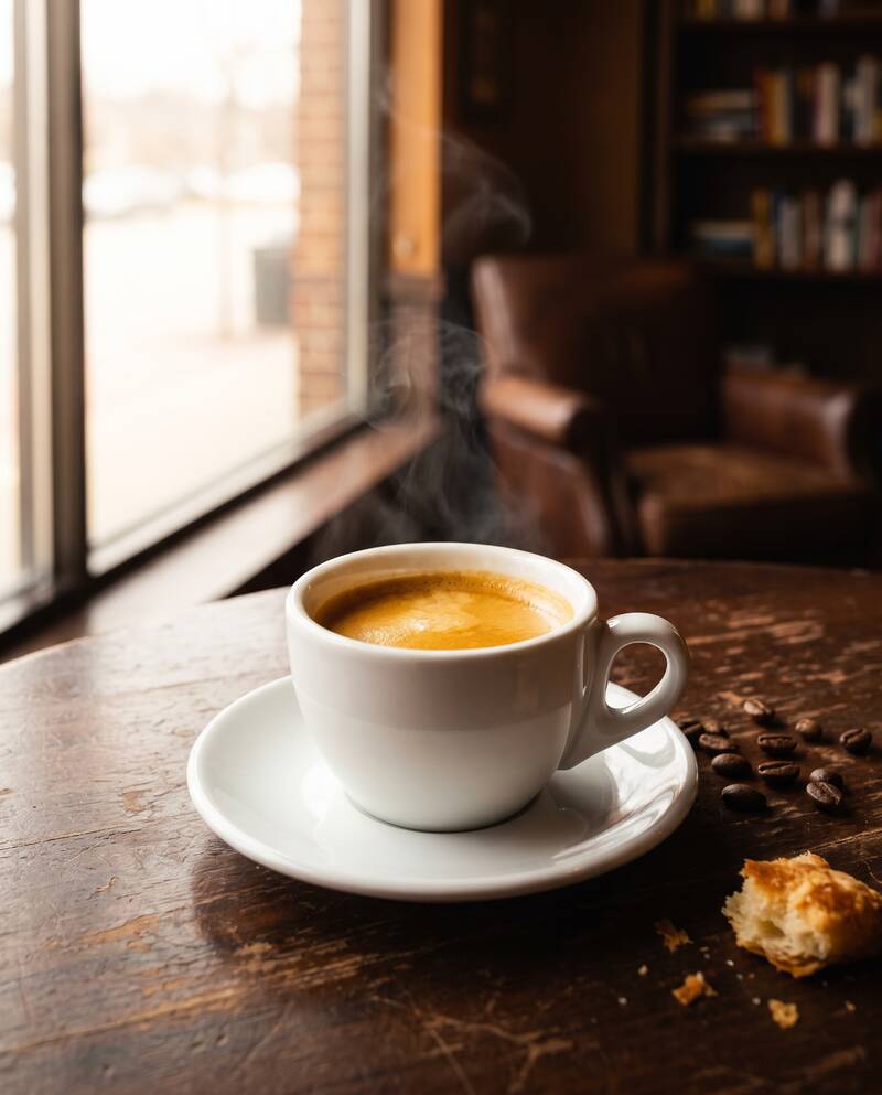 Parująca filiżanka espresso z cremą na stoliku przy oknie